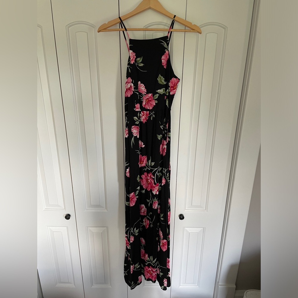 Black and Pink Floral Long Summer Dress